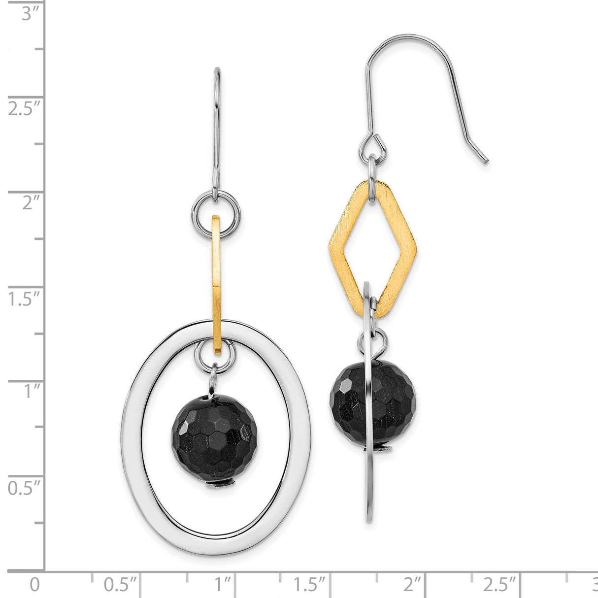 Stainless Steel Drop Earrings with Onyx, Two-Tone Geometric Modern Design for Women