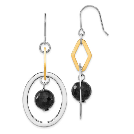 Stainless Steel Drop Earrings with Onyx, Two-Tone Geometric Modern Design for Women