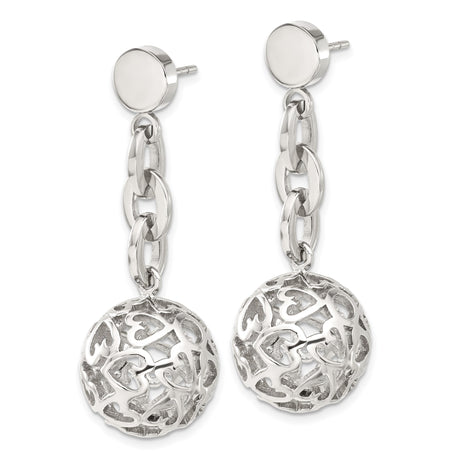 Stainless Steel Drop Earrings with Openwork Spheres and Heart Cutouts for Women