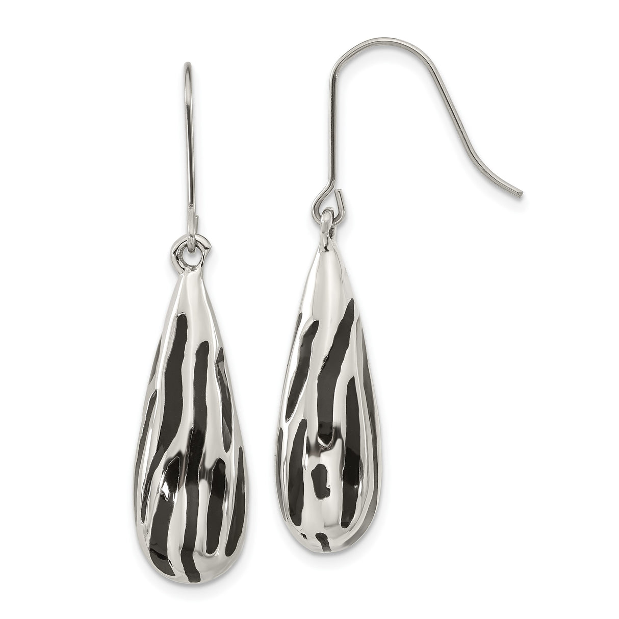 Stainless Steel Teardrop Dangle Earrings with Black and Silver Zebra Stripe Pattern