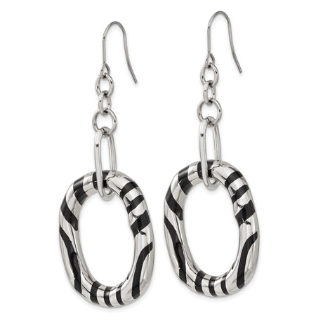 Stainless Steel Dangle Earrings with Twisted Oval Hoops and Black Enamel Stripe