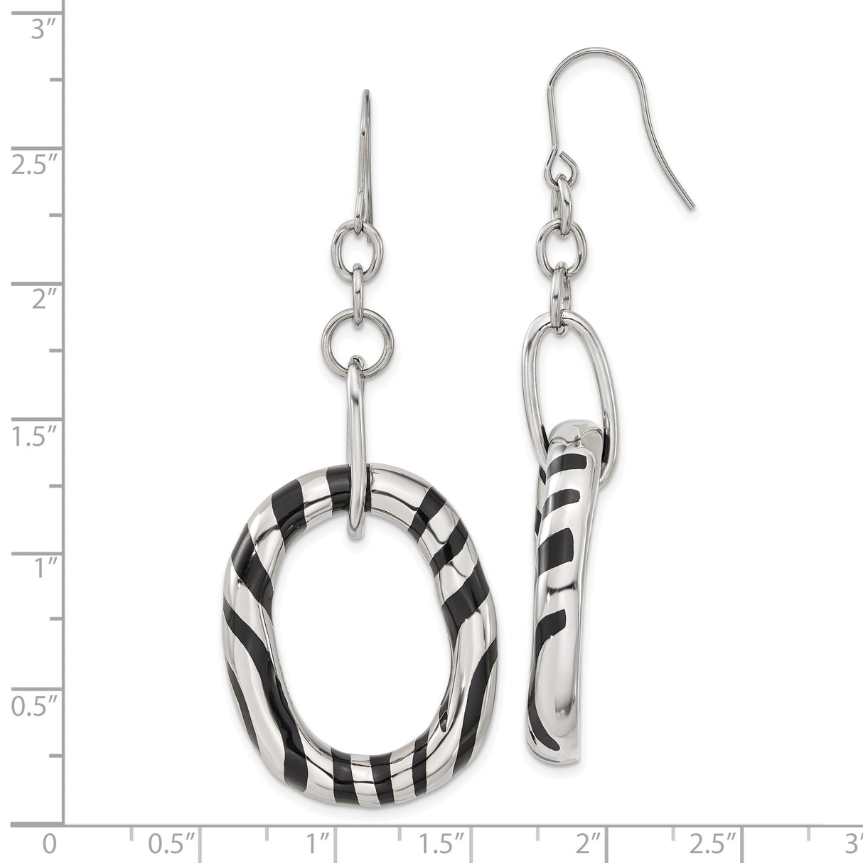 Stainless Steel Dangle Earrings with Twisted Oval Hoops and Black Enamel Stripe