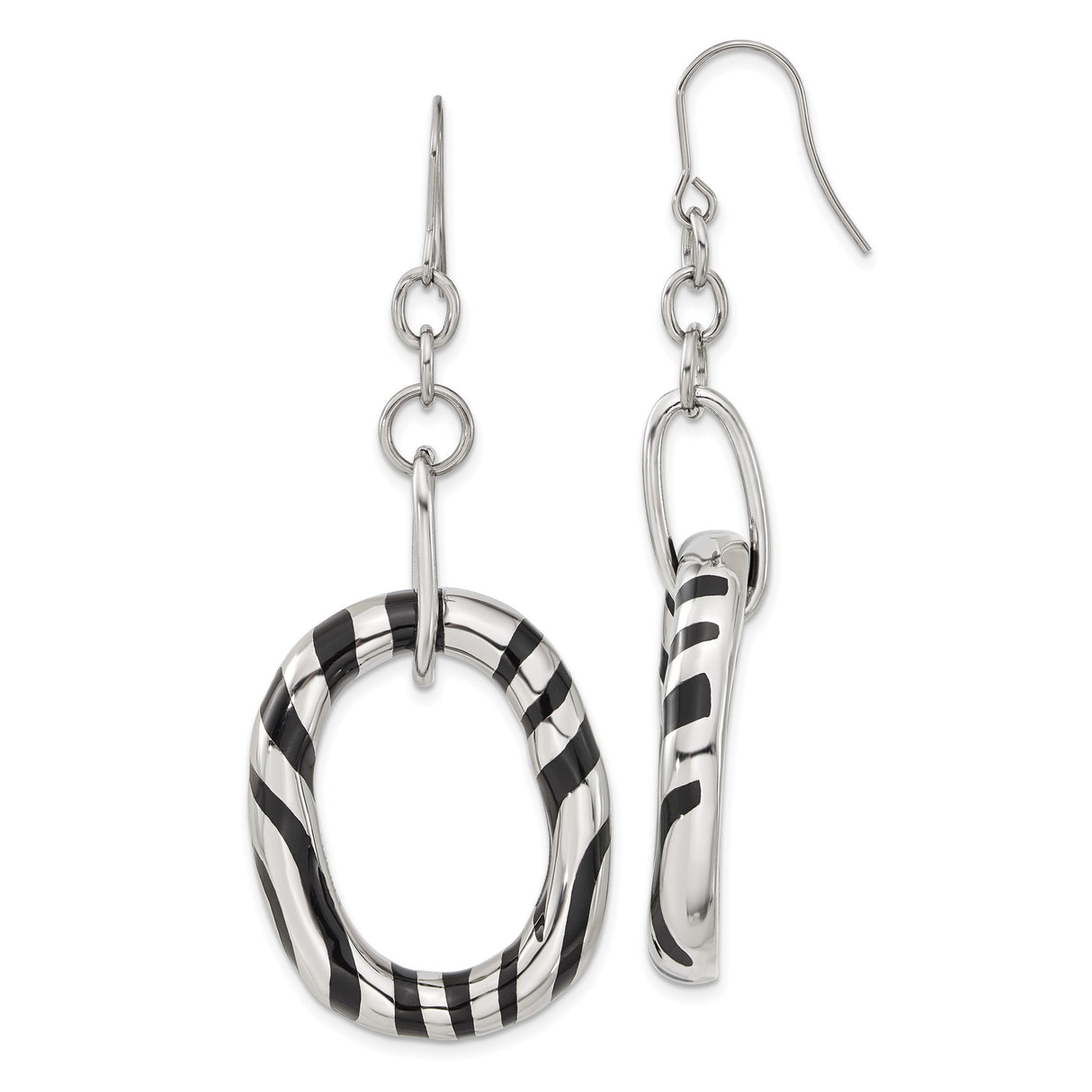 Stainless Steel Dangle Earrings with Twisted Oval Hoops and Black Enamel Stripe