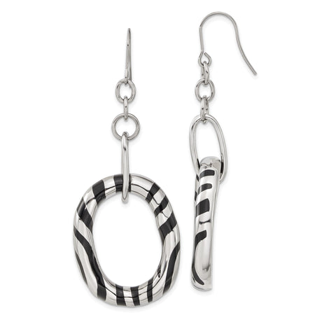 Stainless Steel Dangle Earrings with Twisted Oval Hoops and Black Enamel Stripe