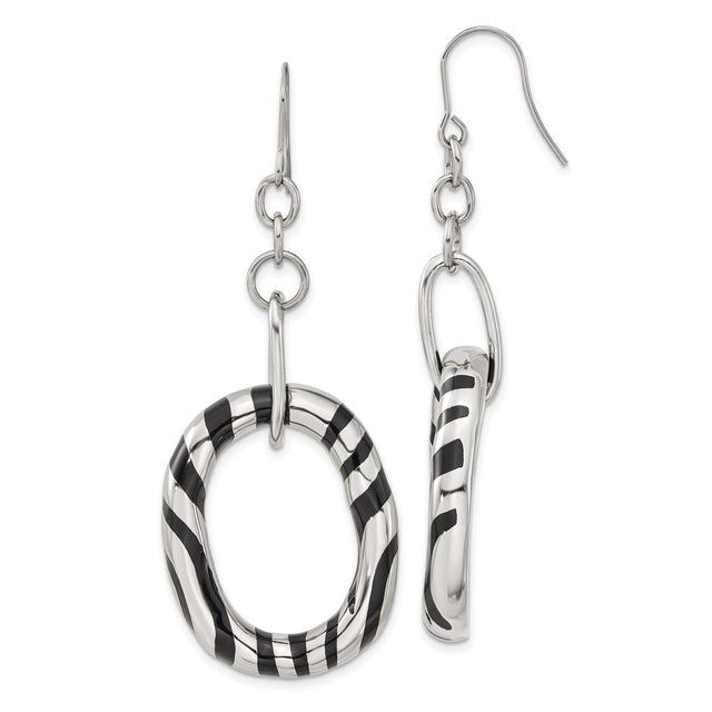Stainless Steel Dangle Earrings with Twisted Oval Hoops and Black Enamel Stripe