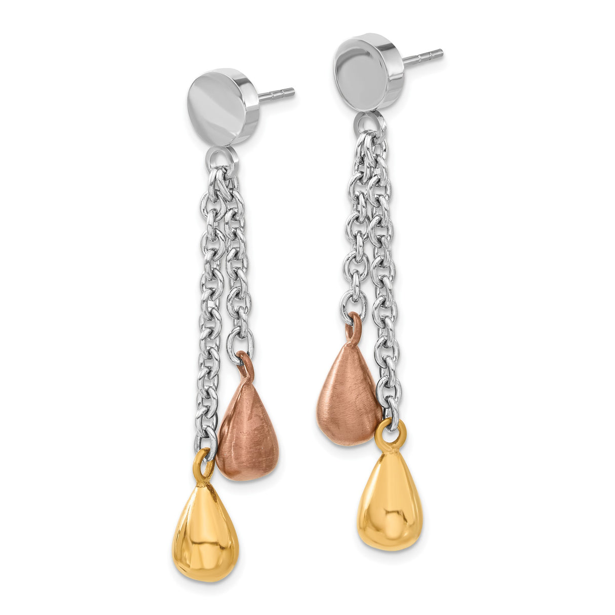 Stainless Steel Dangle Earrings with Dual Chain and Tri-Tone Teardrop Charms for Women