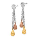 Stainless Steel Dangle Earrings with Dual Chain and Tri-Tone Teardrop Charms for Women