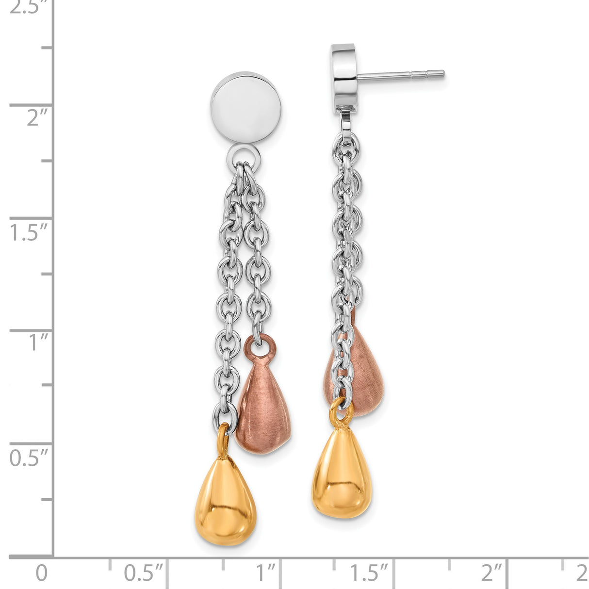 Stainless Steel Dangle Earrings with Dual Chain and Tri-Tone Teardrop Charms for Women