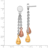 Stainless Steel Dangle Earrings with Dual Chain and Tri-Tone Teardrop Charms for Women