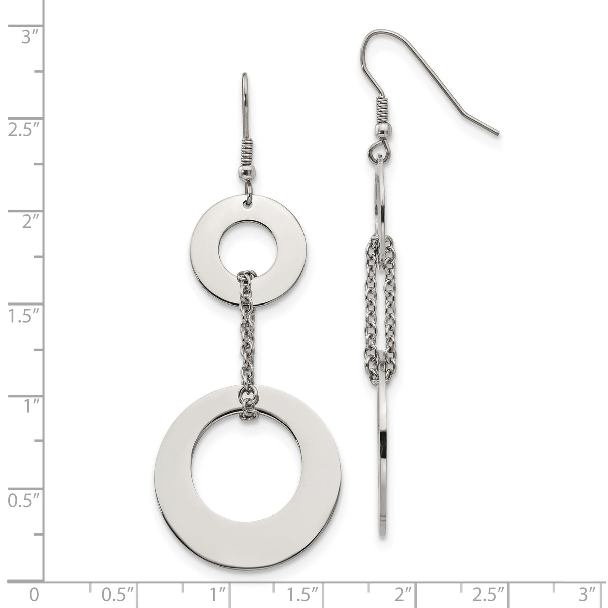 Stainless Steel Dangle Earrings with Linked Open Circle Discs, Geometric Minimalist Design
