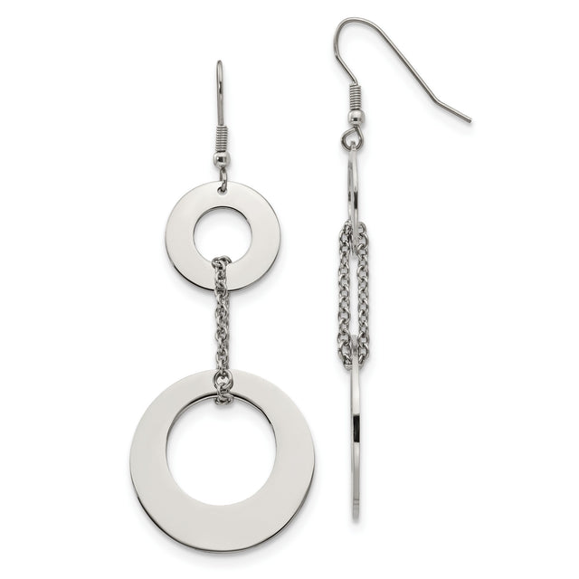 Stainless Steel Dangle Earrings with Linked Open Circle Discs, Geometric Minimalist Design