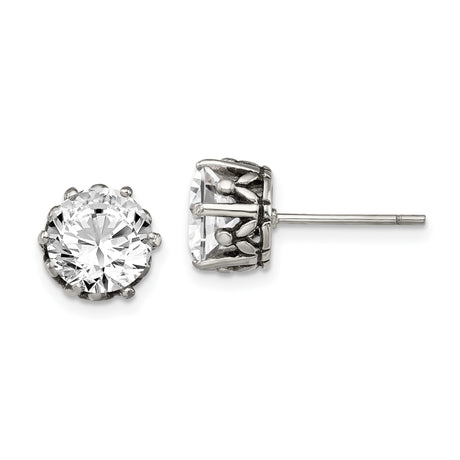 Stainless Steel Stud Earrings with Cubic Zirconia in Vintage Crown Setting