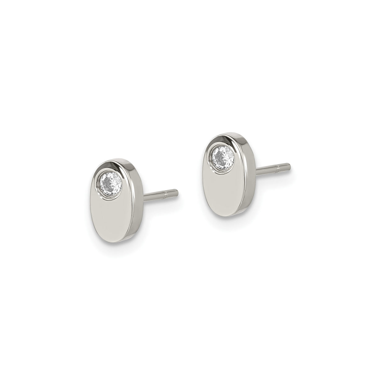 Stainless Steel Stud Earrings with Cubic Zirconia, Oval Bezel Set, Minimalist Modern Design