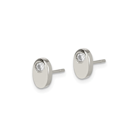 Stainless Steel Stud Earrings with Cubic Zirconia, Oval Bezel Set, Minimalist Modern Design