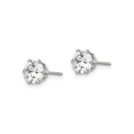 Stainless Steel Stud Earrings with Cubic Zirconia, Six Prong Solitaire Design
