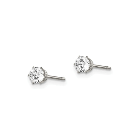 Stainless Steel Stud Earrings with Cubic Zirconia, Six Prong Minimalist Design