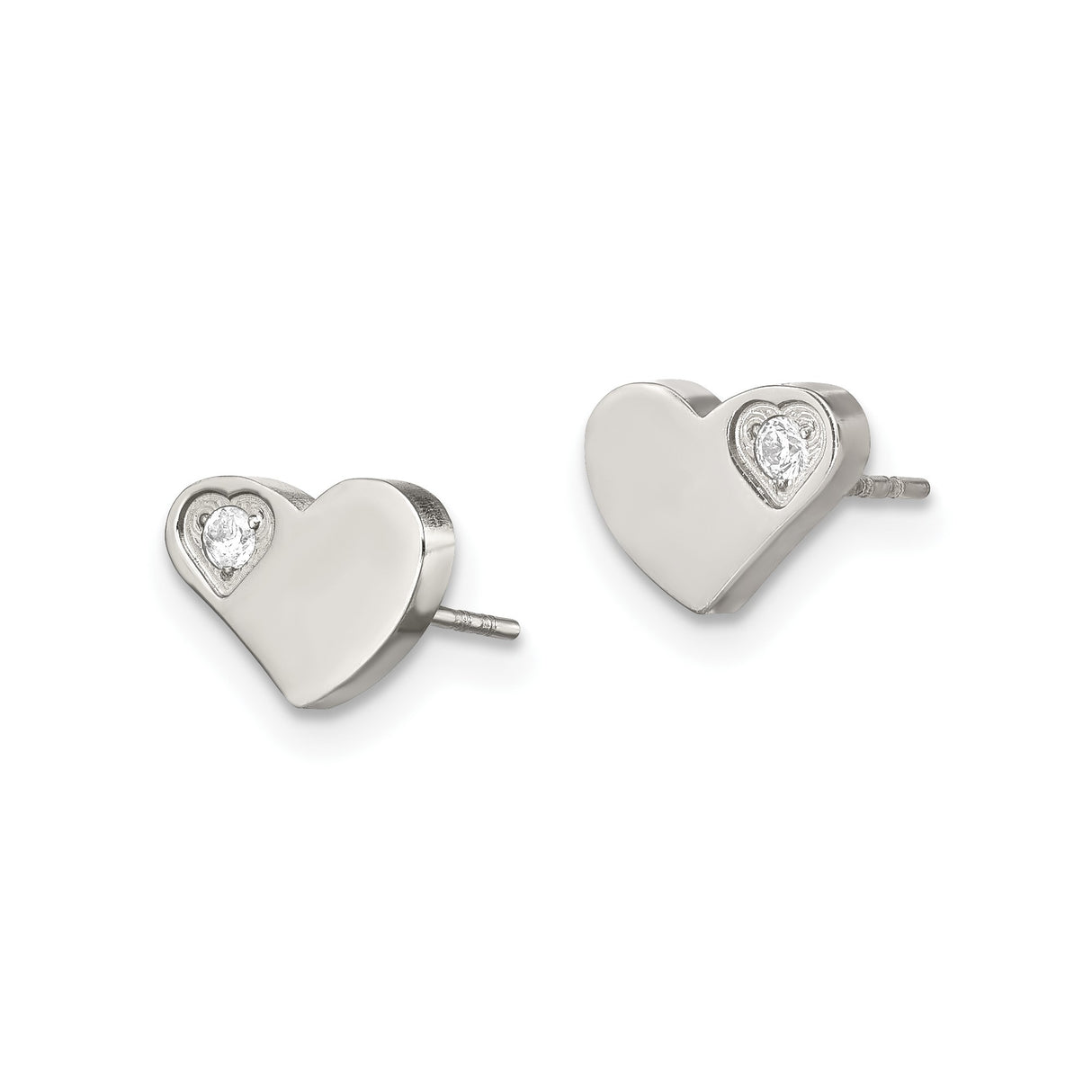Stainless Steel Heart Stud Earrings with Cubic Zirconia, Hypoallergenic Jewelry for Women