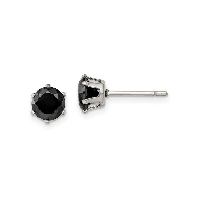 Unisex Stainless Steel Stud Earrings with Black Round CZ, Prong Setting Studs for Men and Women, Modern Minimalist Design, Durable Fashion Jewelry for Daily Wear or Formal Occasions, Polished Finish