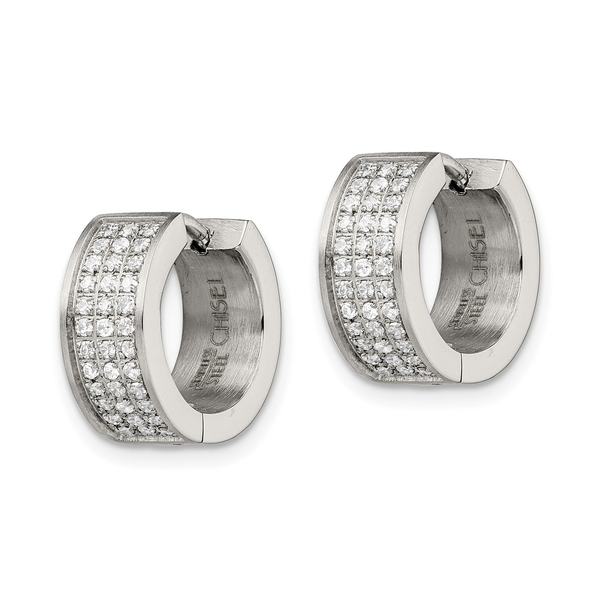 Stainless Steel Huggie Hoop Earrings with Cubic Zirconia, Polished Modern Minimalist Design