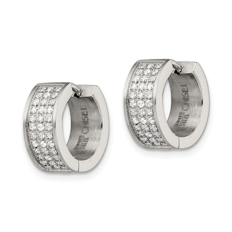 Stainless Steel Huggie Hoop Earrings with Cubic Zirconia, Polished Modern Minimalist Design