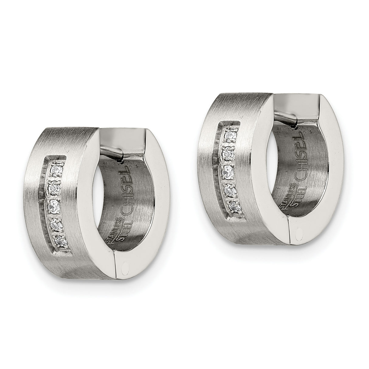 Stainless Steel Huggie Hoop Earrings with Cubic Zirconia, Brushed Finish, Modern Unisex Design