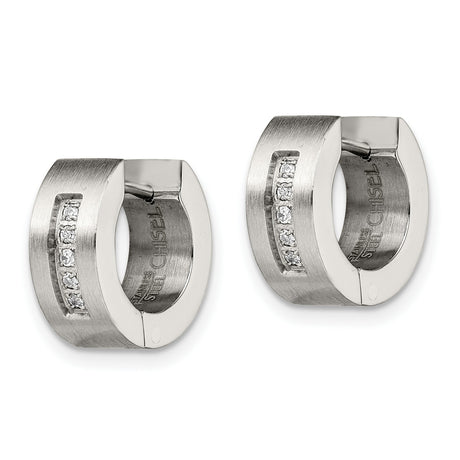 Stainless Steel Huggie Hoop Earrings with Cubic Zirconia, Brushed Finish, Modern Unisex Design