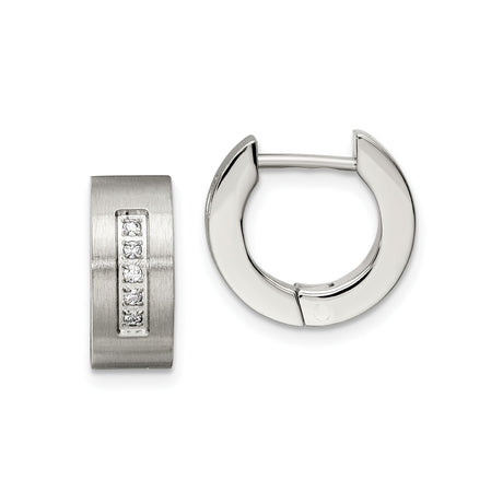 Stainless Steel Huggie Hoop Earrings with Cubic Zirconia, Brushed Finish, Modern Unisex Design