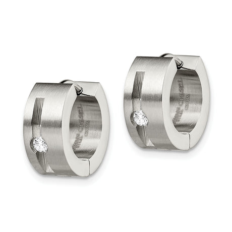 Stainless Steel Hoop Earrings with Cubic Zirconia, Brushed Finish and Vertical Bar Design for Men