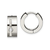 Stainless Steel Hoop Earrings with Cubic Zirconia, Brushed Finish and Vertical Bar Design for Men