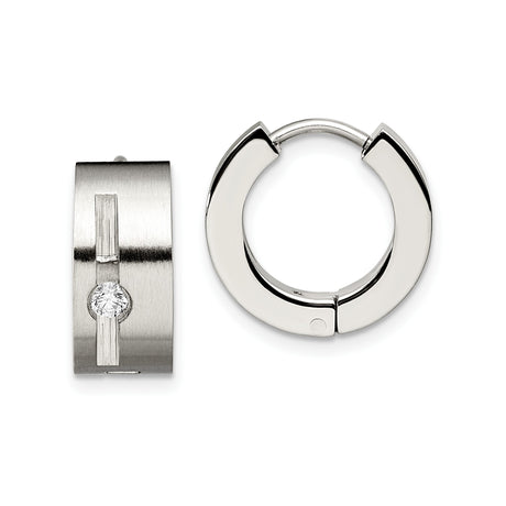Stainless Steel Hoop Earrings with Cubic Zirconia, Brushed Finish and Vertical Bar Design for Men