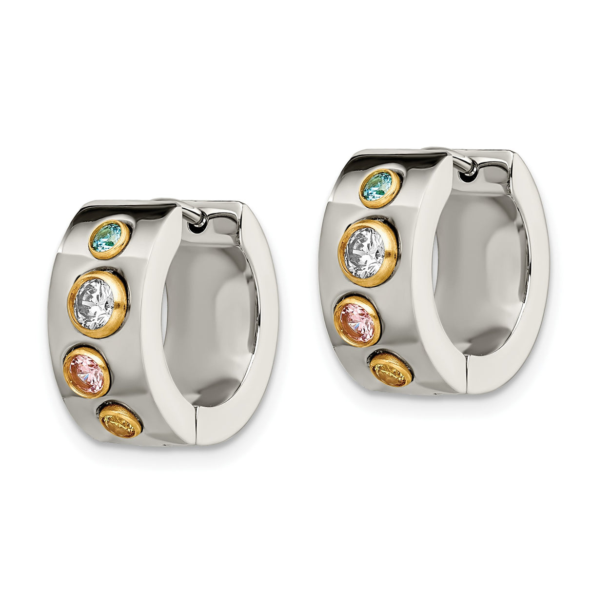 Stainless Steel Huggie Hoop Earrings with Multicolor Cubic Zirconia, Gold-Tone Bezel Setting