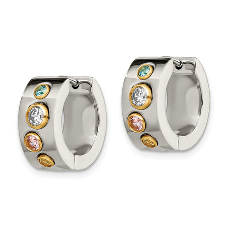 Stainless Steel Huggie Hoop Earrings with Multicolor Cubic Zirconia, Gold-Tone Bezel Setting