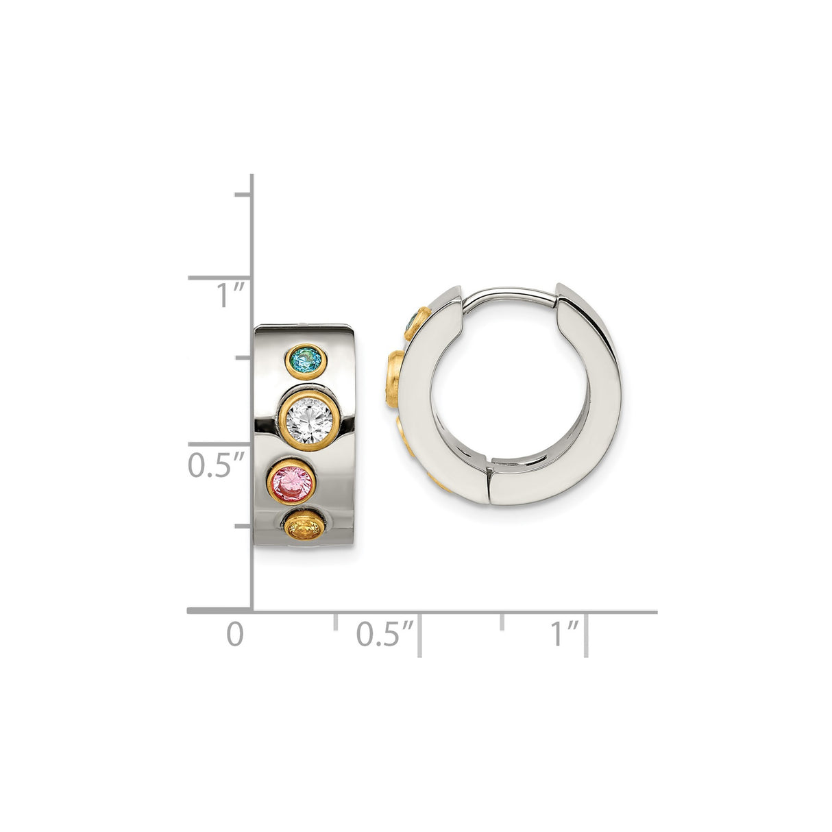 Stainless Steel Huggie Hoop Earrings with Multicolor Cubic Zirconia, Gold-Tone Bezel Setting