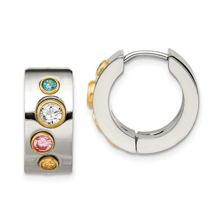 Stainless Steel Huggie Hoop Earrings with Multicolor Cubic Zirconia, Gold-Tone Bezel Setting