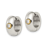 Stainless Steel Huggie Hoop Earrings with Cubic Zirconia Bezel Accent, Gold Tone, Two-Tone Style