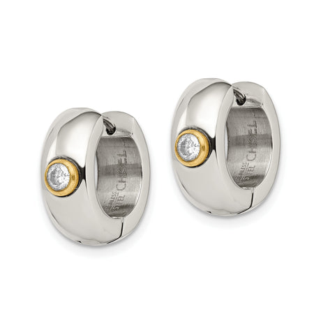 Stainless Steel Huggie Hoop Earrings with Cubic Zirconia Bezel Accent, Gold Tone, Two-Tone Style