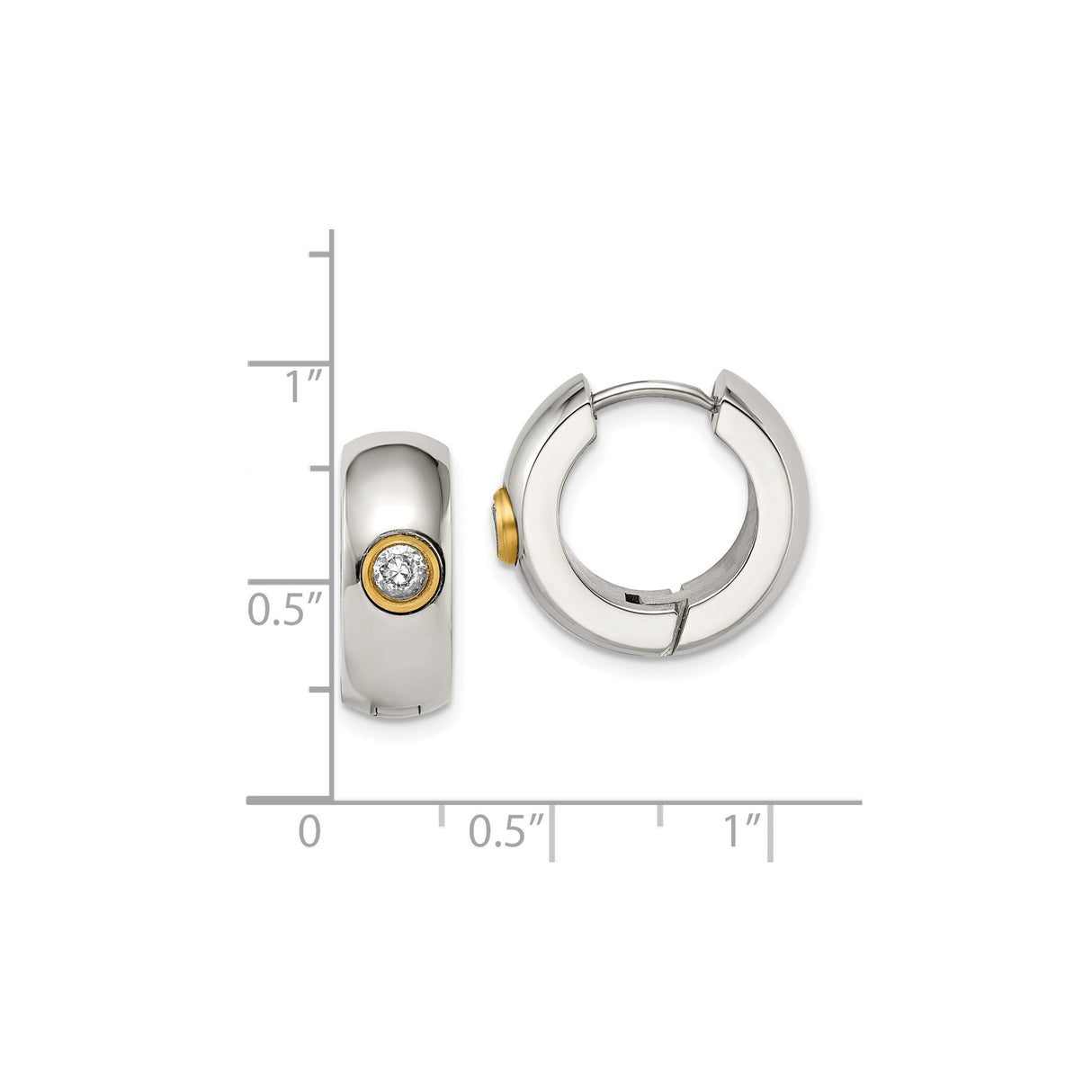 Stainless Steel Huggie Hoop Earrings with Cubic Zirconia Bezel Accent, Gold Tone, Two-Tone Style