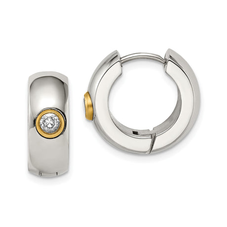 Stainless Steel Huggie Hoop Earrings with Cubic Zirconia Bezel Accent, Gold Tone, Two-Tone Style