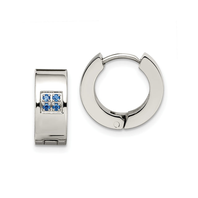 Stainless Steel Huggie Hoop Earrings with Blue Cubic Zirconia, Modern Minimalist Style for Men