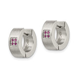 Stainless Steel Huggie Hoop Earrings with Pink Cubic Zirconia, Brushed Finish, Modern Design