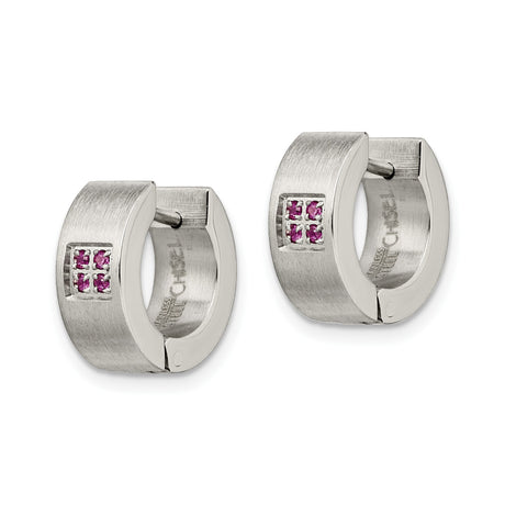 Stainless Steel Huggie Hoop Earrings with Pink Cubic Zirconia, Brushed Finish, Modern Design