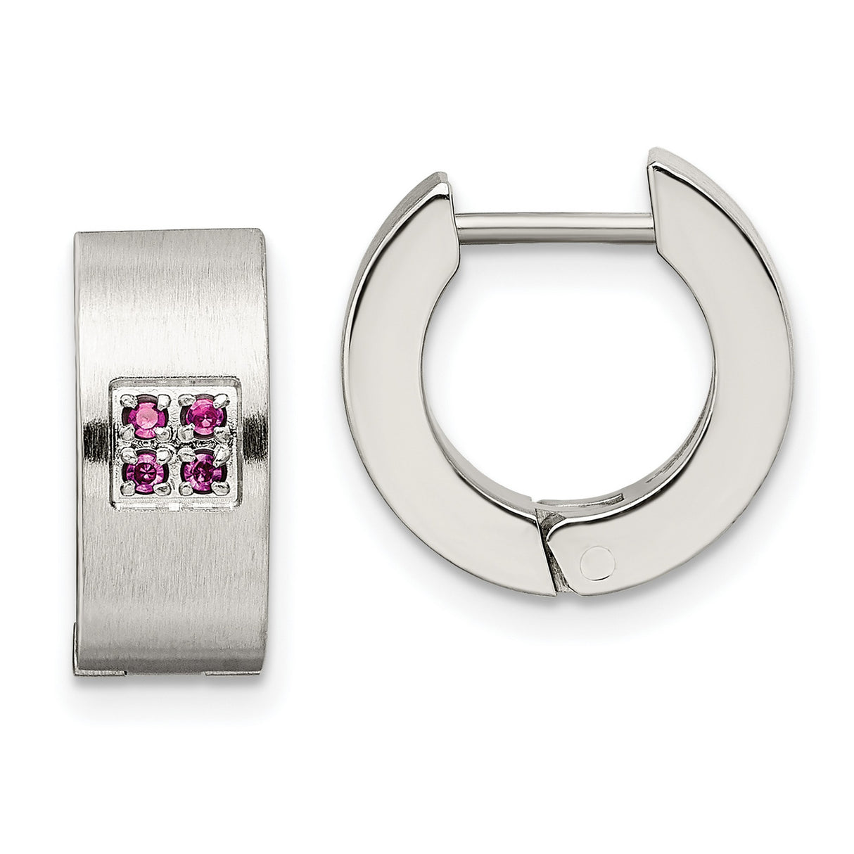 Stainless Steel Huggie Hoop Earrings with Pink Cubic Zirconia, Brushed Finish, Modern Design