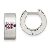 Stainless Steel Huggie Hoop Earrings with Pink Cubic Zirconia, Brushed Finish, Modern Design