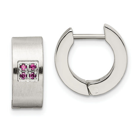 Stainless Steel Huggie Hoop Earrings with Pink Cubic Zirconia, Brushed Finish, Modern Design