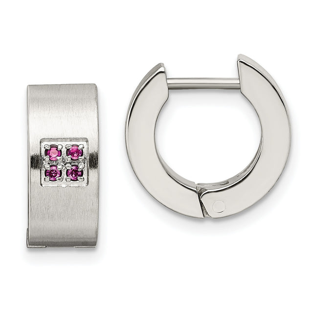 Stainless Steel Huggie Hoop Earrings with Pink Cubic Zirconia, Brushed Finish, Modern Design