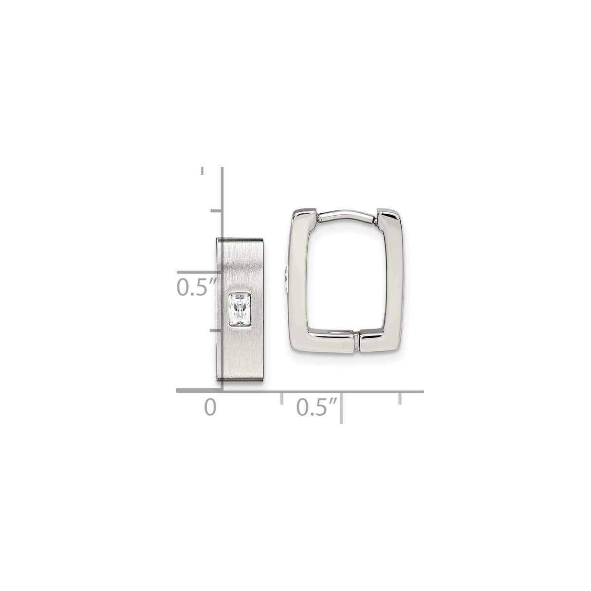 Stainless Steel Huggie Earrings with Cubic Zirconia, Rectangular Brushed Hoop Design