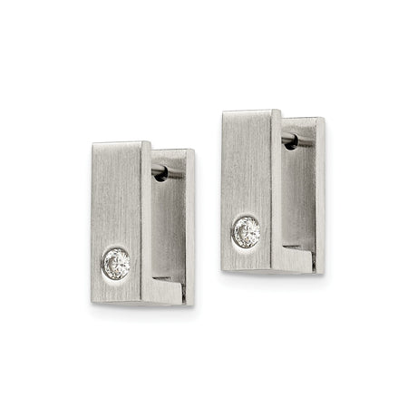 Stainless Steel Rectangular Hoop Earrings with Cubic Zirconia, Brushed Hinged Design for Men