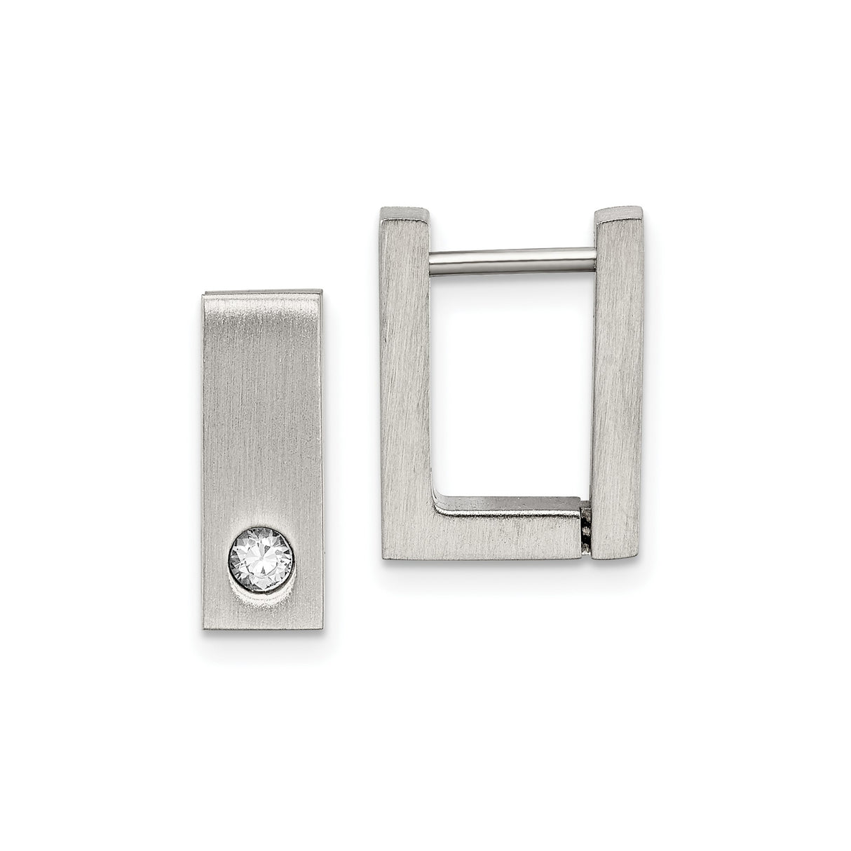 Stainless Steel Rectangular Hoop Earrings with Cubic Zirconia, Brushed Hinged Design for Men