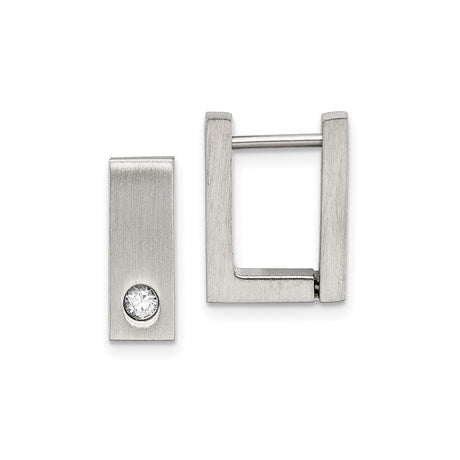 Stainless Steel Rectangular Hoop Earrings with Cubic Zirconia, Brushed Hinged Design for Men