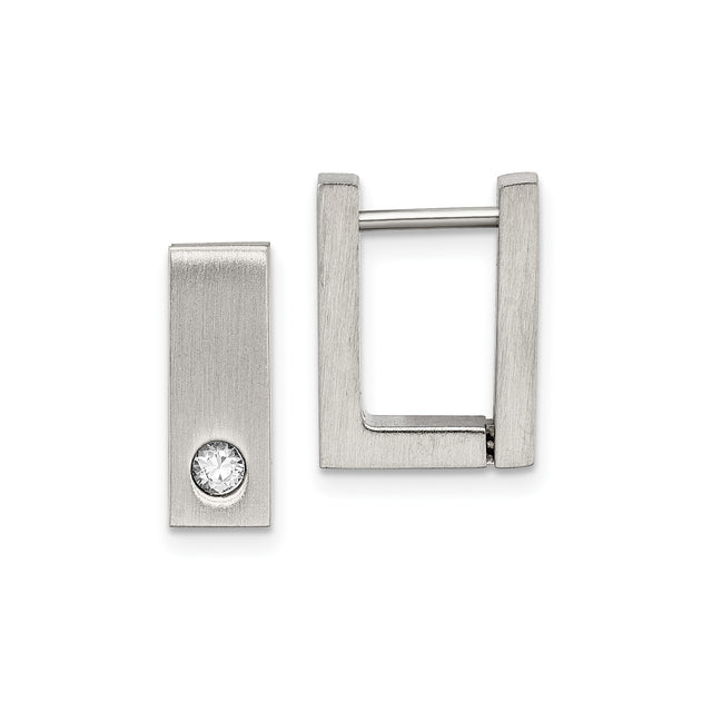 Stainless Steel Rectangular Hoop Earrings with Cubic Zirconia, Brushed Hinged Design for Men